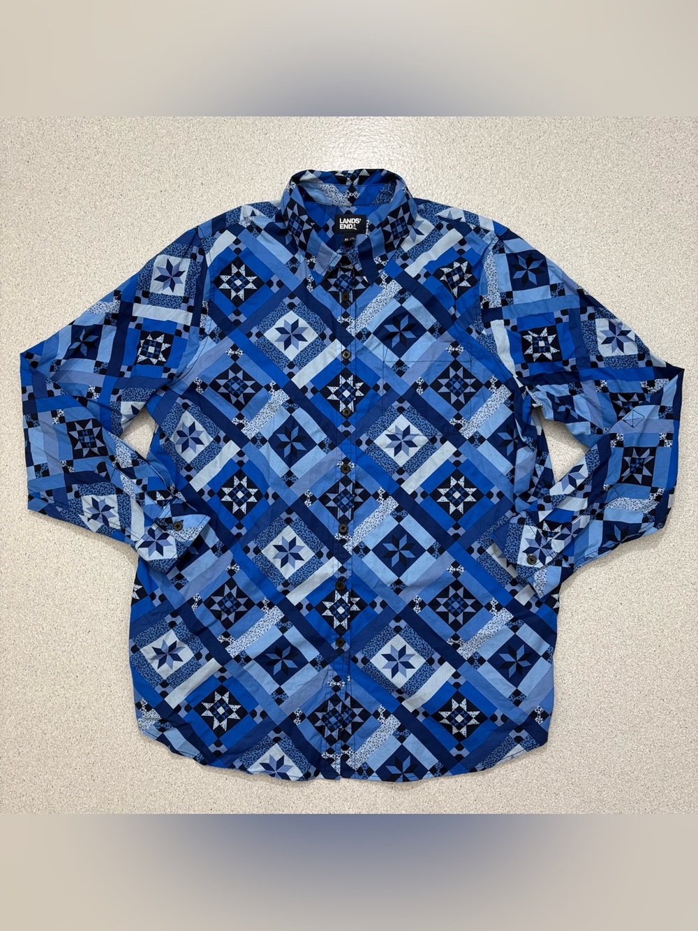 Lands End Blouse Women’s XLT 18 Blue Patchwork Button Up Long Sleeve Shirt